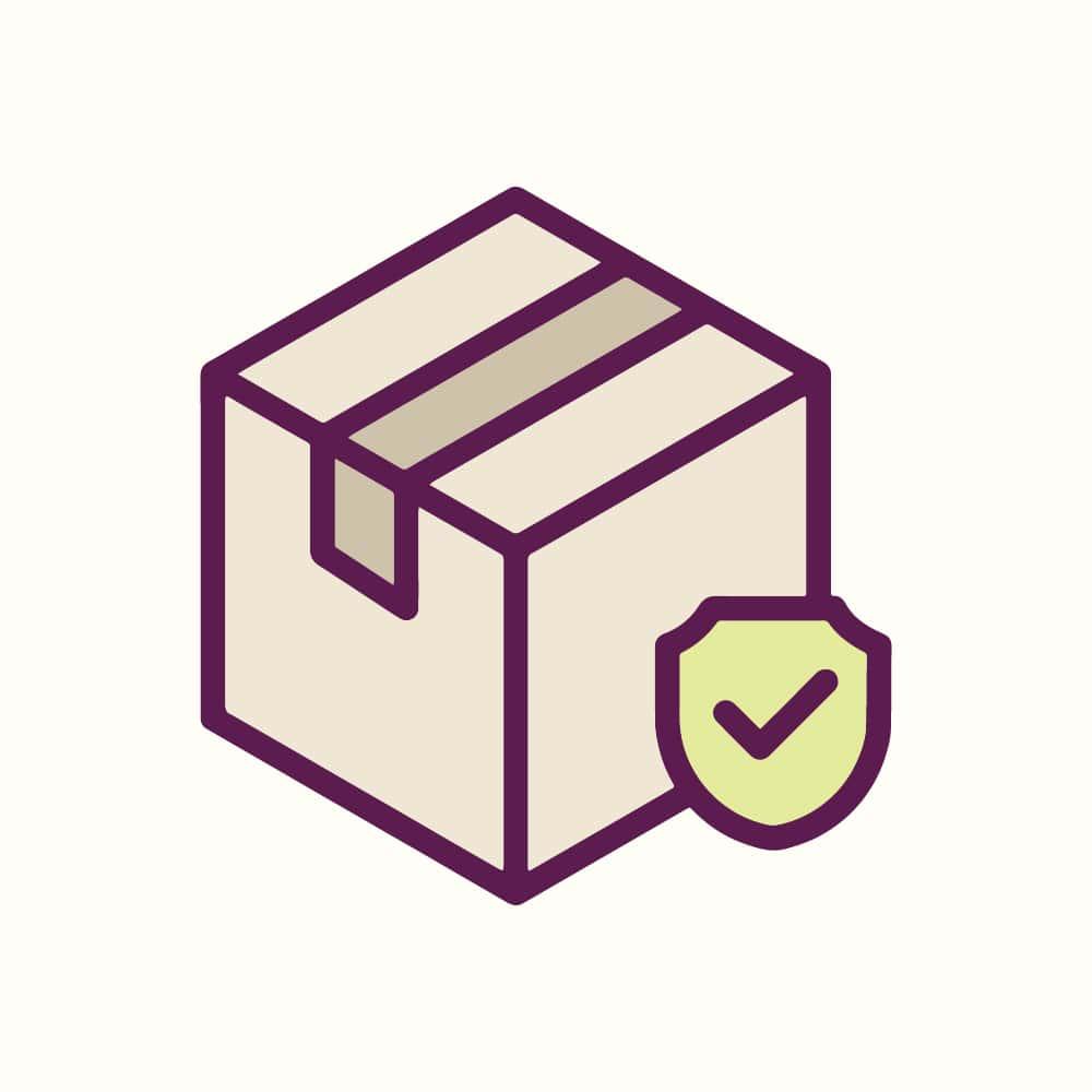 An illustration of a closed, beige cardboard box outlined in purple, featuring a shield icon with a checkmark on the lower right. This symbolizes Blumes Package Protection for secure or verified deliveries.